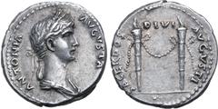 Roman Imperial Antonia Minor (mother of Claudius) AR Denarius. Rome, AD 41-45. ANTONIA AVGVSTA, draped bust to right, wearing crown of corn-ears, hair in long plait behind / SACERDOS DIVI AVGVSTI, two