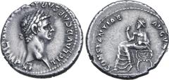 Roman Imperial Claudius AR Denarius. Rome, AD 46-47. TI CLAVD CAESAR AVG P M TR P VI IMP XI, laureate head to right / CONSTANTIAE AVGVSTI, Antonia seated to left on curule chair, feet on footstool, ra