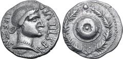Roman Imperial Civil War, Vindex AR Denarius. Spanish mint in support of Vindex/Galba, AD 68-69. LIBERTAS RESTITVTA, draped bust of Libertas to right / S P Q R on round shield encircled by oak wreath.