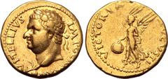 Roman Imperial Vitellius AV Aureus. Tarraco, January - June AD 69. A VITELLIVS IMP GERMAN, laureate head to left, small globe at point of bust, palm branch at point of neck / VICTORIA AVGVSTI, Victory