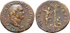 Roman Imperial Vespasian Æ Sestertius. Rome, AD 71. IMP CAES VESPASIAN AVG P M TR P P P COS III, laureate head to right / IVDAEA CAPTA, palm tree; to left, Vespasian, holding spear and parazonium, sta