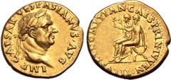 Roman Imperial Vespasian AV Aureus. Lugdunum, AD 71. IMP CAESAR VESPASIANVS AVG, laureate head to right / TITVS ET DOMITIAN CAES PRIN IVVEN, Titus and Domitian seated to left on curule chairs, each ho