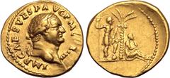 Roman Imperial Vespasian AV Aureus. Rome, AD 72-73. IMP CAES VESP AVG P M COS IIII, laureate head to right / Judaea seated to right, leaning against palm tree; emperor standing to right behind, holdin
