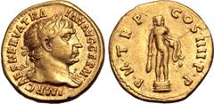 Roman Imperial Trajan AV Aureus. Rome, AD 101-102. IMP CAES NERVA TRAIAN AVG GERM, laureate bust to right, aegis on far shoulder / P•M•TR P• COS•IIII•P•P, Hercules standing facing on low base, holding