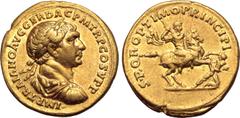 Roman Imperial Trajan AV Aureus. Rome, AD 104-107. IMP TRAIANO AVG GER DAC P M TR P COS V P P, laureate, draped and cuirassed bust to right / S P Q R OPTIMO PRINCIPI, emperor riding to right on gallop