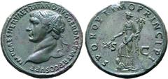 Roman Imperial Trajan Æ Sestertius. Rome, AD 104-107. IMP CAES NERVAE TRAIANO AVG GER DAC P M TR P COS V P P, laureate head to left / S P Q R OPTIMO PRINCIPI, Pax, draped, standing to left, holding br