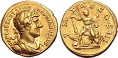 Roman Imperial Hadrian AV Aureus. Rome, AD 121-123. IMP CAESAR TRAIAN HADRIANVS AVG, laureate, draped and cuirassed bust to right / P M TR P COS III, Hercules seated facing on pile of armour, holding 
