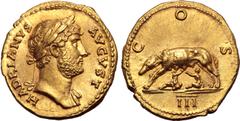 Roman Imperial Hadrian AV Aureus. Rome, AD 124-125. HADRIANVS AVGVST, laureate bust to right, slight drapery on far shoulder / COS, she-wolf standing to left, suckling Romulus and Remus seated below; 