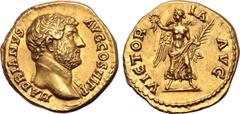 Roman Imperial Hadrian AV Aureus. Rome, AD 136. HADRIANVS AVG COS III P P, bare-headed bust to right, slight drapery on far shoulder / VICTORIA AVG, Victory advancing to right, head to left, holding w