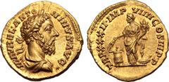 Roman Imperial Marcus Aurelius AV Aureus. Rome, AD 177-178. M AVREL▾ANTONINVS AVG▾, laureate, draped and cuirassed bust to right / TR P XXXII▾IMP VIIII COS III P ▾P, Annona standing to left, holding c