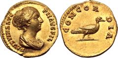 Roman Imperial Faustina II (daughter of A. Pius) AV Aureus. Rome, AD 145-161. FAVSTINA AVG PII AVG FIL, draped bust to right / CONCORDIA, dove standing to right. RIC III 503a (Pius); C. 61; BMCRE 1089