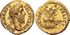Roman Imperial Commodus AV Aureus. Rome, AD 186-189. M COMM ANT P FEL AVG BRIT, laureate head to right / VICTORIAE FELICI, Victory, draped and turreted, flying to left, holding diadem in both hands ab