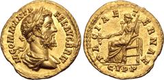 Roman Imperial Commodus AV Aureus. Rome, AD 189. M COMM ANT P FEL•AVG BRIT, laureate and draped bust to right / PACI•AETERNAE, Pax seated to left, holding olive branch and sceptre; C•V•P•P. RIC III - 