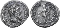 Roman Imperial Pertinax AR Denarius. Rome, AD 193. IMP CAES P HELV PERTIN AVG, laureate head to right / AEQVIT AVG TR P COS II, Aequitas standing to left, holding scales and cornucopiae. RIC IV 1a; BM