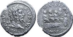 Roman Imperial Septimius Severus AR Denarius. Rome, AD 204. SEVERVS PIVS AVG, laureate head to right / FELICITAS, emperor and sons, togate, seated to right on platform with urn and attendant standing 