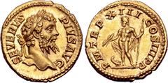 Roman Imperial Septimius Severus AV Aureus. Rome, AD 205. SEVERVS PIVS AVG, laureate head to right / P M TR P XIII COS III P P, Jupiter standing to left, holding thunderbolt and sceptre, eagle standin