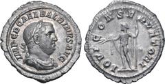 Roman Imperial Balbinus AR Denarius. Rome, AD 238. IMP C D CAEL BALBINVS AVG, laureate, draped and cuirassed bust to right / IOVI CONSERVATORI, Jupiter standing facing, head to left, holding thunderbo