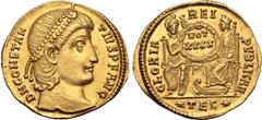 Roman Imperial Constantius II AV Solidus. Thessalonica, AD 355-361. D N CONSTANTIVS P F AVG, pearl-diademed head to right / GLORIA REIPVBLICAE, Roma enthroned facing, holding spear, and Constantinopol