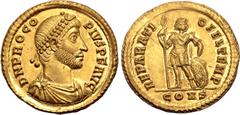 Roman Imperial Procopius AV Solidus. Constantinople, September-December AD 365. D N PROCOPIVS P F AVG, pearl-diademed, draped and cuirassed bust to right / REPARATIO FEL TEMP, emperor, in military dre