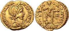 Roman Imperial Majorian AV Solidus. Arelate, AD 460-461. D N IVLIVS MAIORIANVS P F AVG, diademed, helmeted and cuirassed bust to right, holding spear and shield decorated with Christogram / VICTORIA A