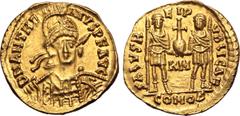 Maritime Anthemius AV Solidus. Rome, 12 April AD 467 - 11 July AD 472. D N ANTHEMIVS P F AVG, helmeted, pearl-diademed and cuirassed bust facing slightly to right, holding spear over shoulder and shie