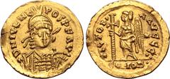 Maritime Julius Nepos AV Solidus. Rome, 19 June AD 474 - 28 August AD 475. D N IVL NEPOS P F AVG, helmeted, pearl-diademed and cuirassed bust facing, holding spear and shield decorated with horseman a