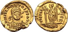 Maritime Julius Nepos AV Solidus. Rome, 19 June AD 474 - 28 August AD 475. D N IVL NEPOS P F AVG, helmeted, pearl-diademed and cuirassed bust facing, holding spear and shield decorated with horseman a
