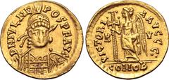 Maritime Julius Nepos AV Solidus. Ravenna, 19 June AD 474 - 28 August AD 475. D N IVL NEPOS P F AVG, helmeted, pearl-diademed and cuirassed bust facing, holding spear and shield decorated with horsema