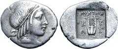 Greek Lykian League, Kragos AR Hemidrachm. 44-18 BC. Head of Apollo to right, wearing taenia / Kithara; ΛYKIΩN above, K-P across upper fields, A-Γ across lower fields; all within shallow incuse square