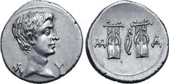 Roman Provincial Augustus AR Drachm of Masicytus, Lycia. 27-20 BC. Bare head to right; Λ-Υ across fields / Two citharas, with plectrum above and M-A to left and right. RPC I 3309c (online); Troxell, L