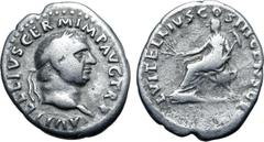 Roman Imperial Vitellius AR Denarius. Rome, AD 69. A VITELLIVS GERM IMP AVG TR P, laureate head to right / L VITELLIVS COS III CENSOR, L. Vitellius seated to left on curule chair, feet on stool, holdi