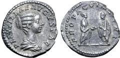 Roman Imperial Plautilla (wife of Caracalla) AR Denarius. Rome, AD 202-205. PLAVTILLAE AVGVSTAE, draped bust to right / PROPAGO IMPERI, Plautilla on left clasping hands with togate Caracalla on right.