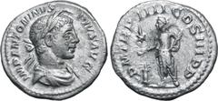 Roman Imperial Elagabalus AR Denarius. Rome, AD 220-221. IMP ANTONINVS PIVS AVG, laureate, draped bust to right wearing 'horn' / P M TR P IIII COS III P P, Emperor standing to left, sacrificing over l