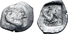 Greek Lykia, uncertain dynast or city: Pe Kerth (?) AR Third Stater. Circa 5th century BC. Forepart of griffin(?) to right / Forepart of pegasos to right; Π over E monogram above, K↑Pⵋ (Kerth in Lykia
