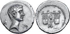 Roman Provincial Augustus AR Drachm of Masicytus, Lycia. Circa 27-20 BC. Bare head to right; Λ-Y flanking / Two citharas, grain ear between; MA below. RPC I 3309c.1; Troxell Period IV, 122.6-13; SNG v