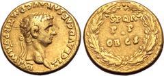 Roman Imperial Claudius AV Aureus. Rome, AD 46-47. TI CLAVD CAESAR AVG P M TR P VI IMP XI, laureate head to right / S P Q R P•P OB C S in three lines within oak-wreath. RIC I 40; BMCRE 42; Calicó 379a