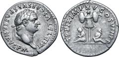 Roman Imperial Titus AR Denarius. Rome, AD 80. IMP TITVS CAES VESPASIAN AVG P M, laureate head to right / TR P IX IMP XV COS VIII P P, trophy of arms, at base of which Britannia seated to left in atti