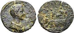 Roman Imperial Commodus, as Caesar, Æ As. Rome, AD 172-173. L AVREL COMMODVS CAES AVG FIL GERM, bare-headed and draped bust to right / LIBERALITAS AV[G], Commodus seated to left on curule chair set on
