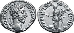 Roman Imperial Commodus AR Denarius. Rome, AD 183-184. M COMMODVS ANTON AVG PIVS, laureate head to right / TR P VIIII IMP VI COS IIII P P, Pax standing to left, holding branch and cornucopiae, shield 