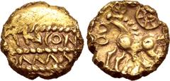 Spain, Gaul and Celtic Britannia, the Atrebates & Regni AV 1/4 Stater. Tincomarus, 20 BC - AD 10. TINCOM [C]OMM[I] in two lines, divided by corded lines / Horse to left with pellet mane; wheel above, 