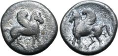 Greek Corinthia, Corinth AR Diobol. Circa 400-340 BC. Pegasos standing to right; Ϙ below / Pegasos standing to left; uncertain letter before, Y behind. BCD Corinth 194 var. (raised foreleg and differe