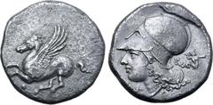 Greek Corinthia, Corinth AR Stater. Circa 345-307 BC. Pegasus flying to left; Ϙ below / Head of Athena to left, wearing Corinthian helmet with neck-guard covered with chain mail; behind, Triton to rig