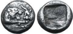 Greek Kingdom of Lydia, Kroisos AR 1/24 Stater. Sardes, circa 561-546 BC. Confronted foreparts of lion to right and bull to left / Incuse punch. GRPC Lydia S9; Berk -; Traité -; SNG Kayhan 1022; Klein