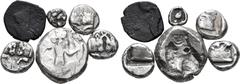 Greek Lot of 6 Greek AR and Æ Coins. Includes: 1. Karia, uncertain mint (Mint D) AR Obol. Circa 5th century BC. Milesian standard. Confronted foreparts of two bulls / Head of bull to right within incu