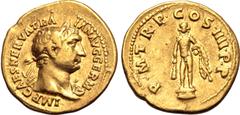 Roman Imperial Trajan AV Aureus. Rome, AD 101-102. IMP CAES NERVA TRAIAN AVG GERM, laureate bust to right, wearing aegis on far shoulder / P•M•TR P• COS•IIII•P•P, Hercules standing facing on low base,