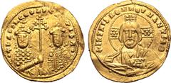 Byzantine Basil II Bulgaroktonos, with Constantine VIII, AV Histamenon Nomisma. Constantinople, circa AD 1001-1005. ⧾ IҺS XIS RЄX RЄGNANTIҺM, facing bust of Christ Pantokrator, wearing nimbus with pel