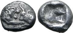 Greek Kingdom of Lydia, Kroisos AR 1/12 Stater. Sardes, circa 561-546 BC. Confronted foreparts of lion to right and bull to left / Incuse square. GRPC Lydia S8; SNG Kayhan 1020-21; SNG von Aulock 2880