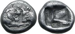 Greek Kingdom of Lydia, Kroisos AR 1/12 Stater. Sardes, circa 561-546 BC. Confronted foreparts of lion to right and bull to left / Incuse square. GRPC Lydia S8; SNG Kayhan 1020-21; SNG von Aulock 2880