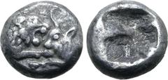 Greek Kingdom of Lydia, Kroisos AR 1/24 Stater. Sardes, circa 561-546 BC. Confronted foreparts of lion to right and bull to left / Incuse punch. GRPC Lydia S9; Berk -; Traité -; SNG Kayhan 1022; Klein