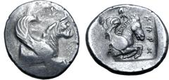 Greek Lykia, uncertain dynast or city: Pe Kerth (?) AR Third Stater. Circa 5th century BC. Forepart of griffin(?) to right / Forepart of pegasos to right; Π over E monogram above, K↑Pⵋ (Kerth in Lykia